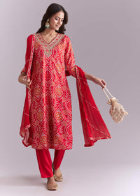Red Silk Kurta Set With Bandhani Print And Embroidery