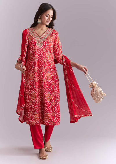 Red Silk Kurta Set With Bandhani Print And Embroidery