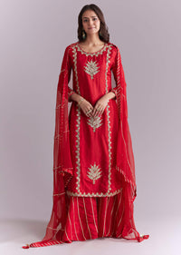 Red Silk Palazzo Suit With Gota Work