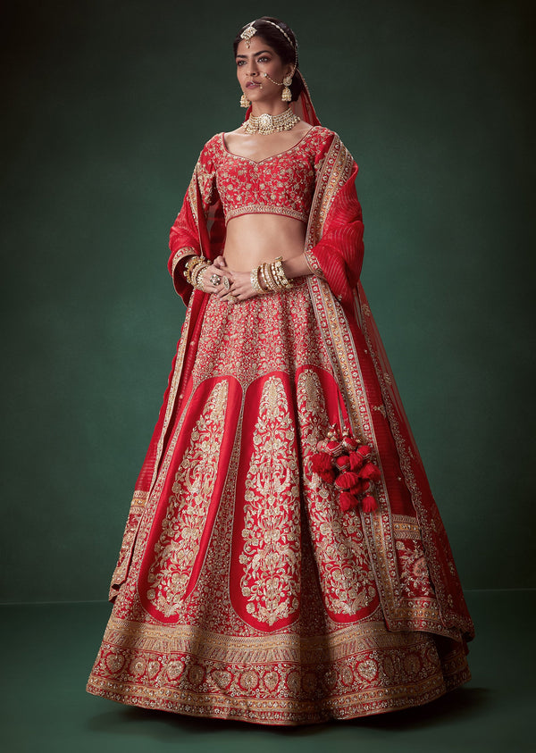 Red Silk Sequin Embellished Bridal Lehenga Set with Two Dupattas