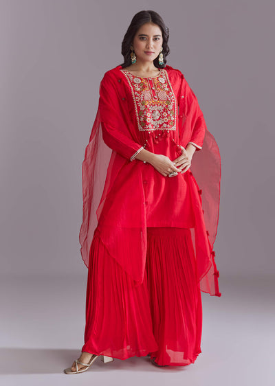 Red Silk Sharara Suit With Resham Work And Cape Dupatta