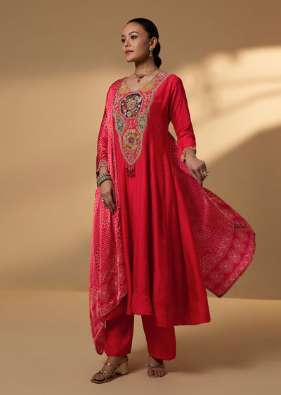 Red Silk Zardosi Anarkali Set With Bandhani Dupatta
