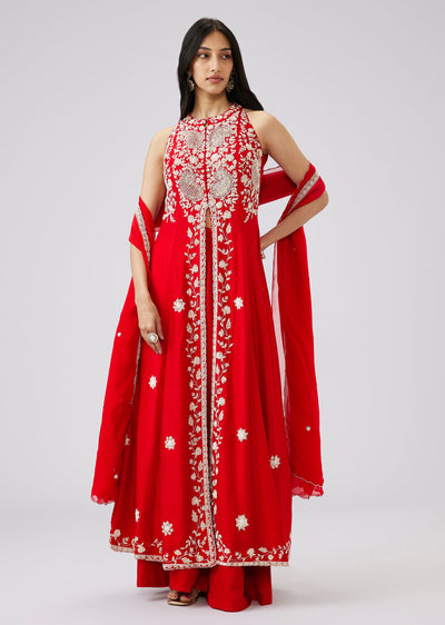 Red Silk Zardosi Front Slit Anarkali Suit Set