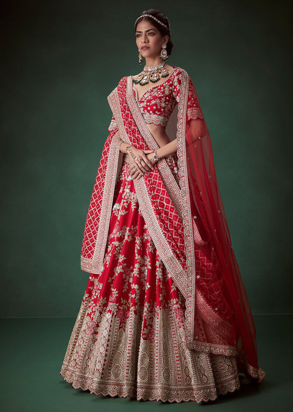 Red Silk Zari Work Bridal Lehenga Set with Two Dupatta