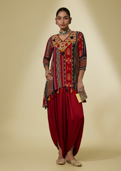 Red Striped Block Print Viscose Dhoti Set With Tassels