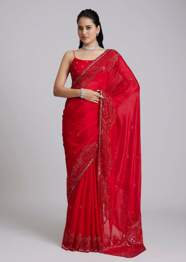 Red Tissue Saree With Heavy Border
