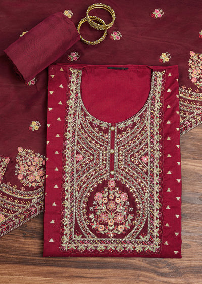Red Tissue Unstitched Suit Set With Resham And Zari Embroidery