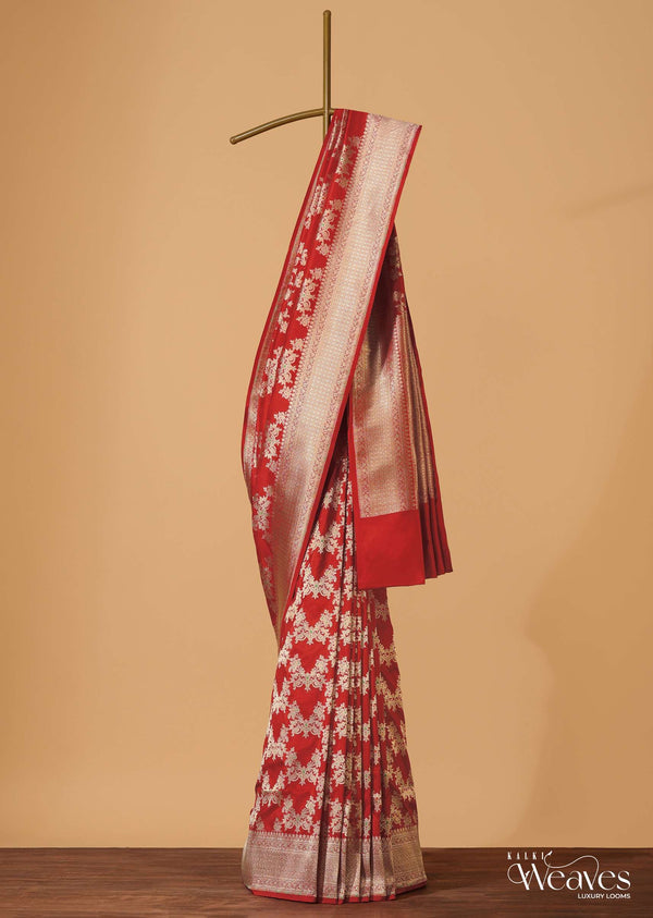 Red Handloom Banarasi In Katan Silk With Golden Weave And Unstitched Blouse