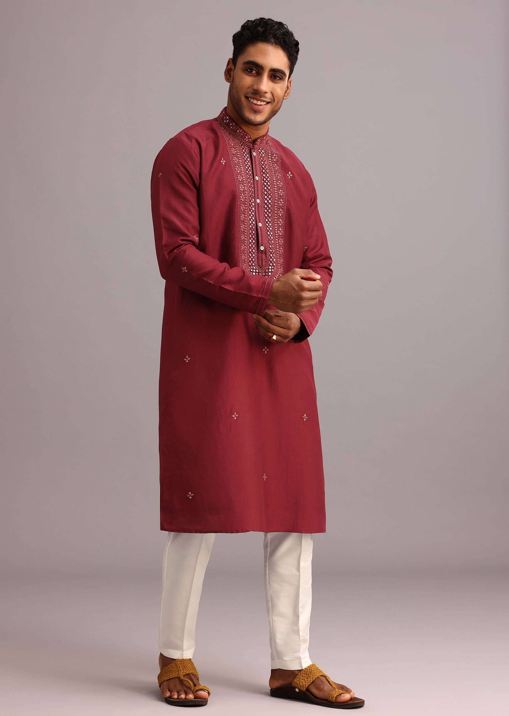 Red Kurta Pant Set In Silk With Mirror Work