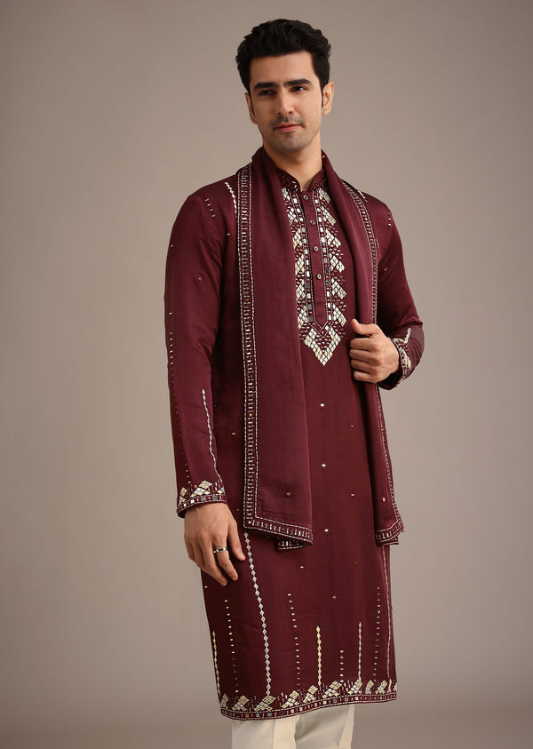 Red Mirror Work Kurta Set With Dupatta