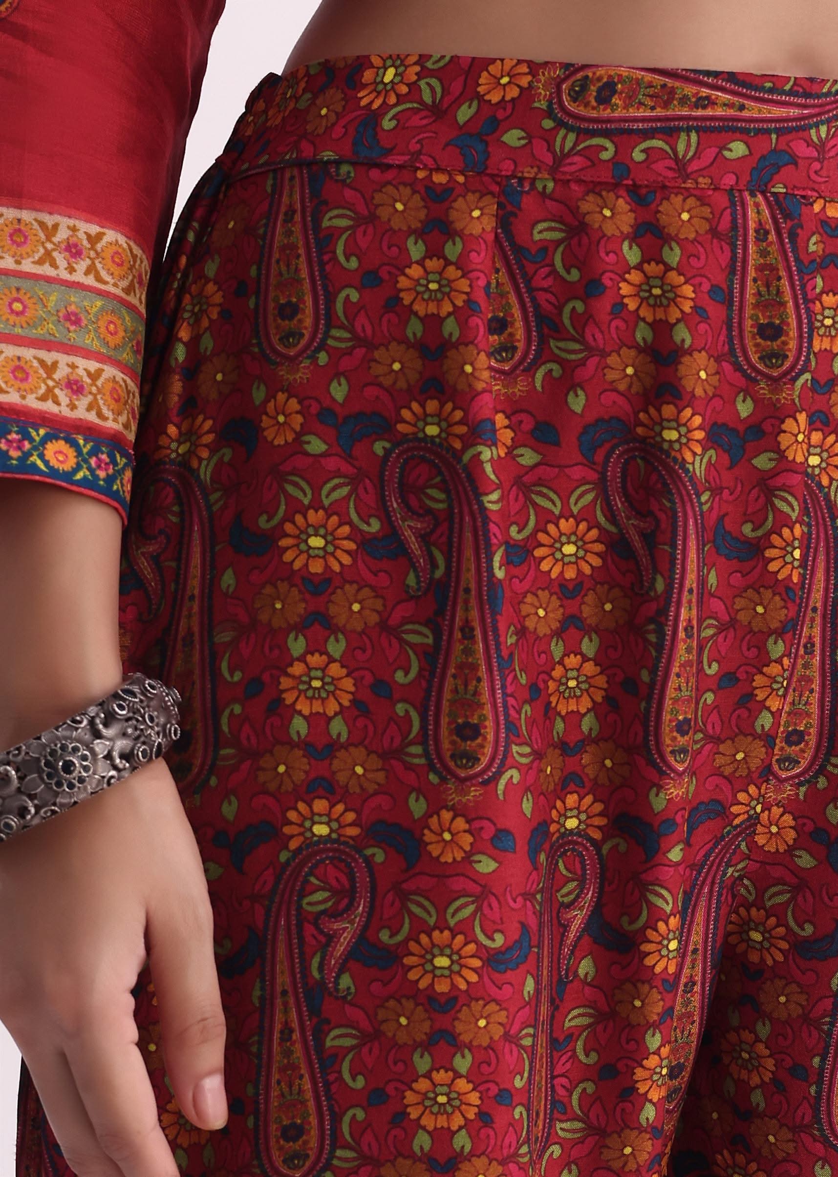 Red sequin embroidered kurta with printed pant set