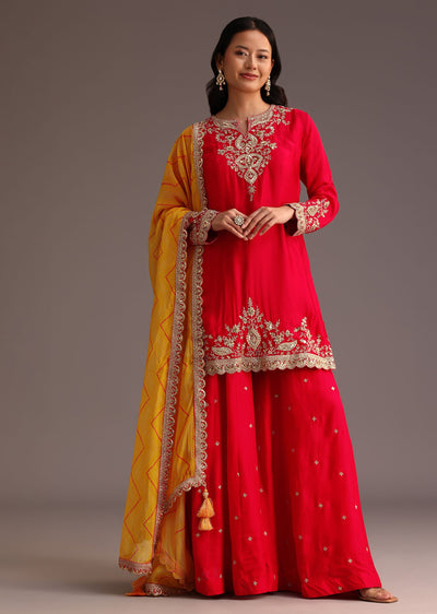 Red Zari Work Kurta Palazzo Suit With Organza Dupatta