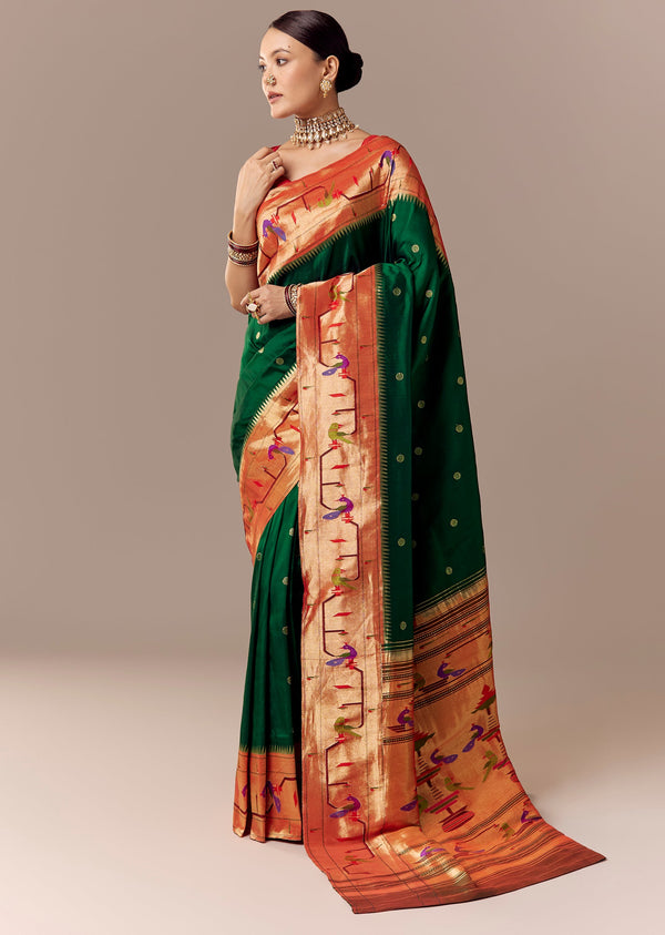 Reshami Green Paithani Saree with Peacock Motif Pallu