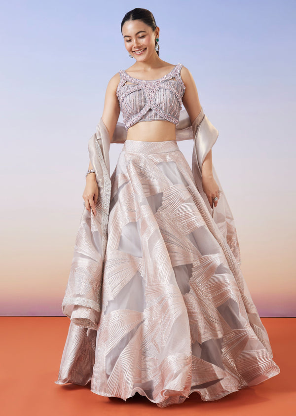 Rose Gold Jacquard Fusion Lehenga With Dupatta