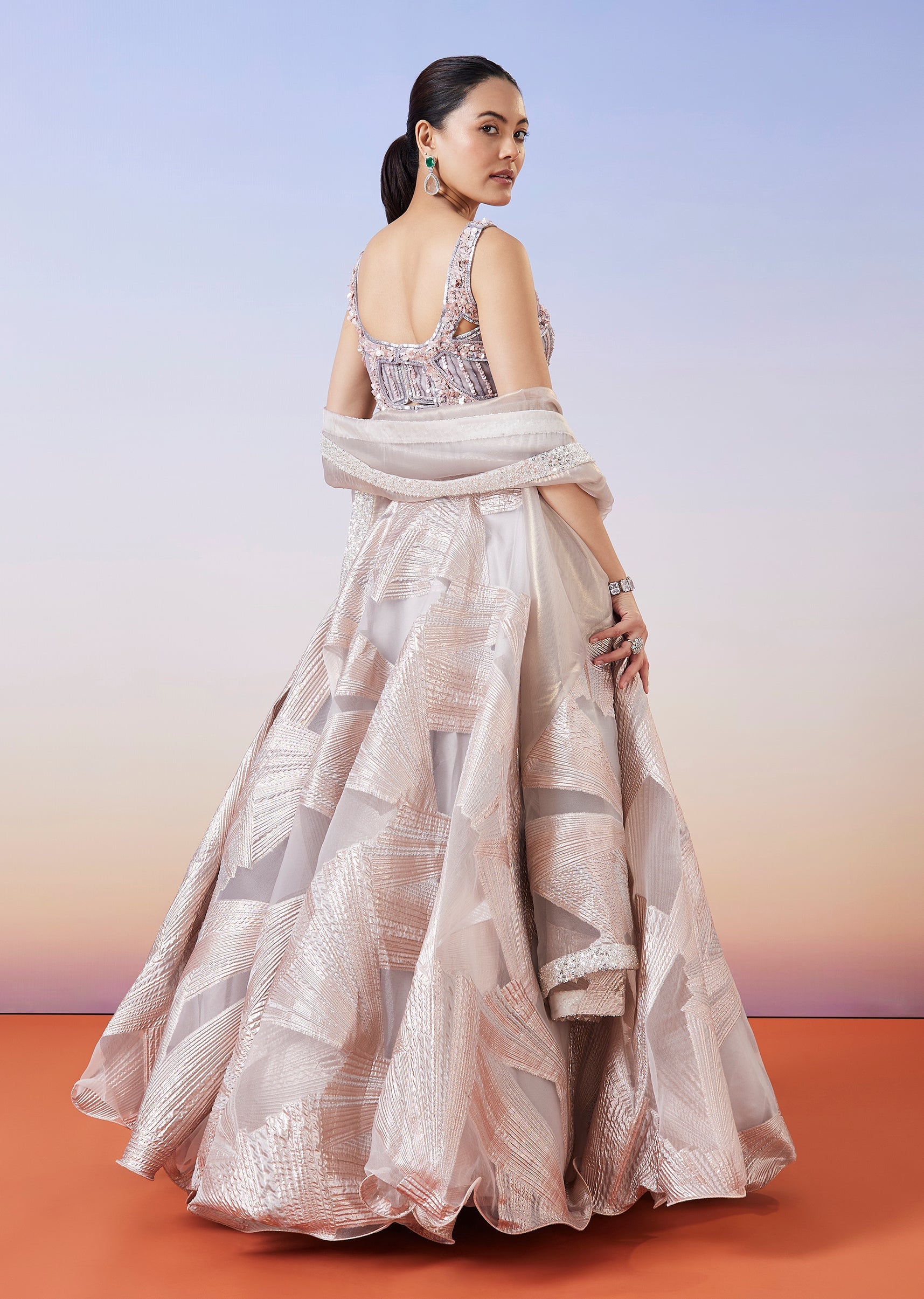 Buy Rose Gold Jacquard Fusion Lehenga With Dupatta