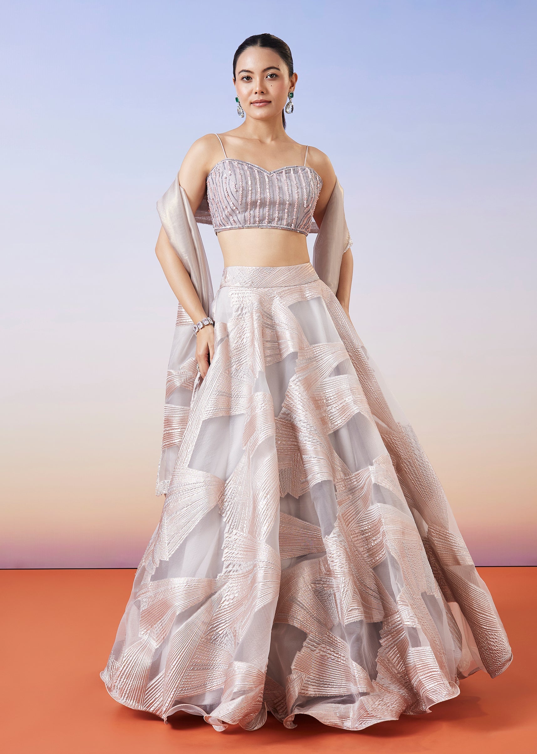 Rose Gold Jacquard Fusion Lehenga With Dupatta