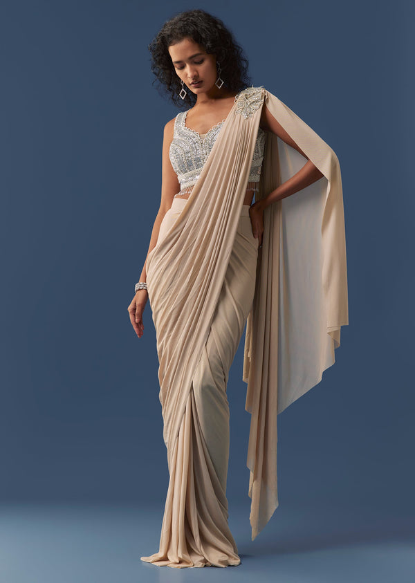 Rose Gold Pre-Draped Saree with Embellished Blouse