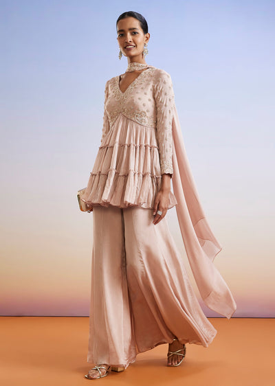 Rose Gold Zardosi Embroidered Chinon Peplum Palazzo Suit With Dupatta