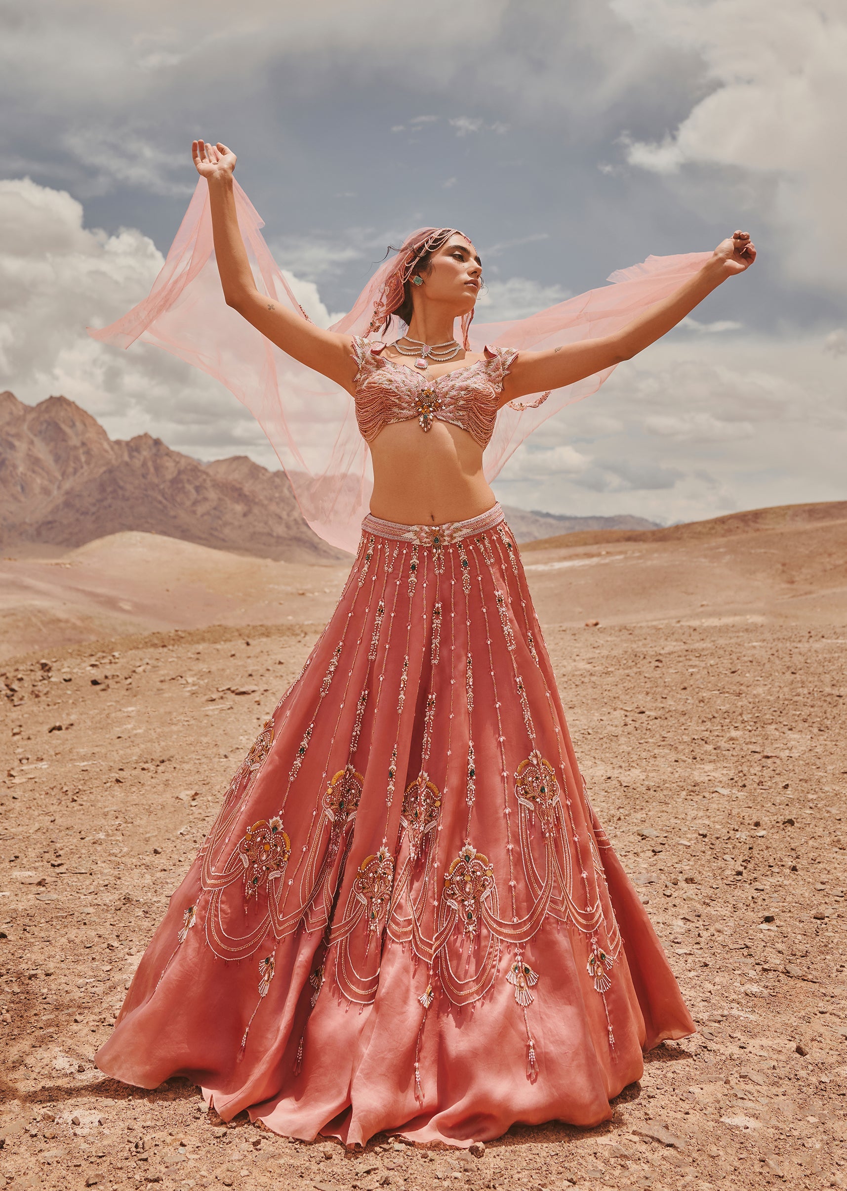 Rose Pink Hand Embroidered Satin Bridal Lehenga