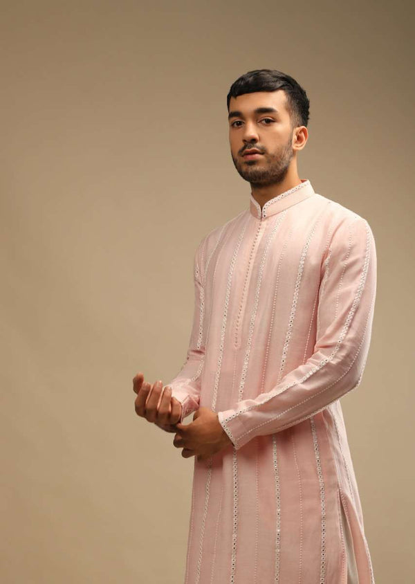 Rosewater Pink Kurta Set In Chanderi Silk With Lucknowi Thread And Abla Embroidered Striped Design