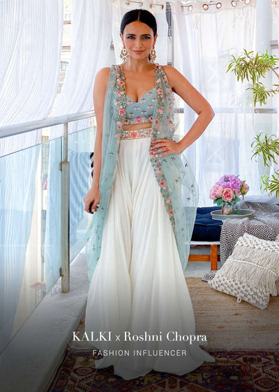 Roshni Chopra In Blue Embroidered Crop Top With White Palazzo Suit