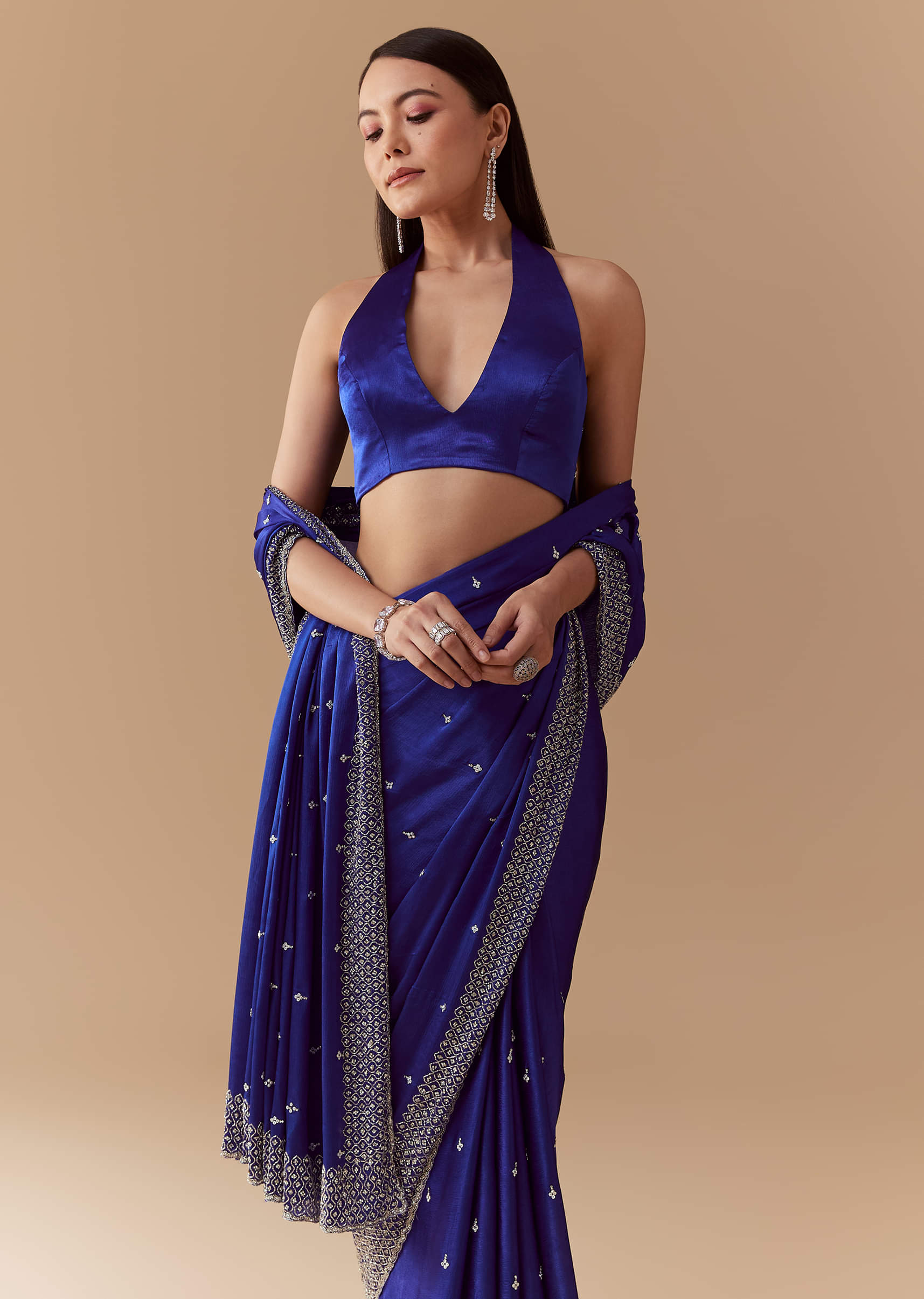 Royal Blue Mirror Embellished Saree with Unstitched Blouse