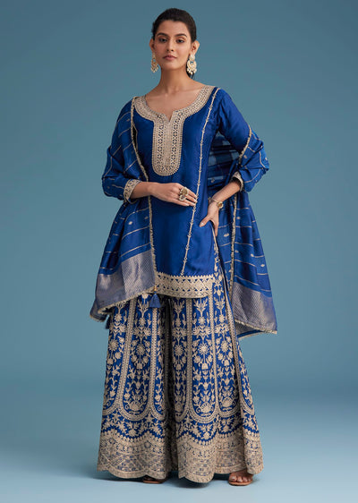 Royal Blue Silk Palazzo Set With Zari And Sequins Work