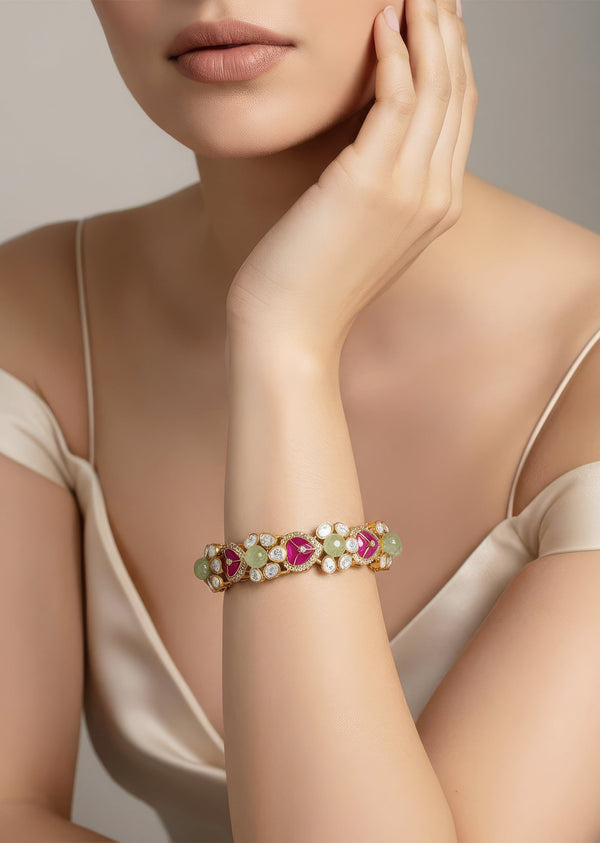 Ruby And Green Gold Plated Kundan Polki Bangles