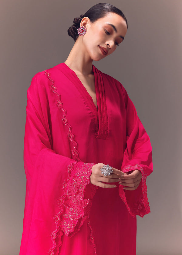 Ruby Pink Organza Kurta Set With Bell Sleeves
