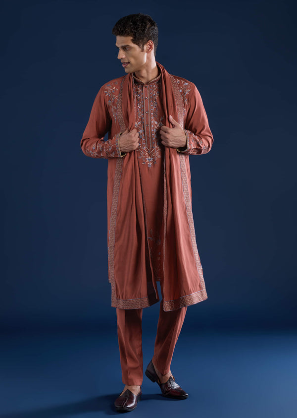 Rust Viscose Embroidered Mens Kurta Set with Dupatta