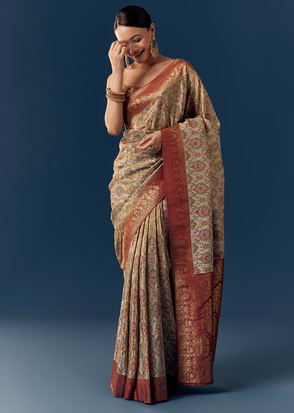 Rust Beige Floral Woven Saree with Contrast Brocade Blouse