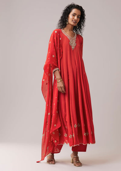 Rust Chinon Zardozi Work Anarkali Set