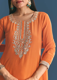 Rust Crepe Kurta Sharara Suit With Zardosi And Sequins Dupatta