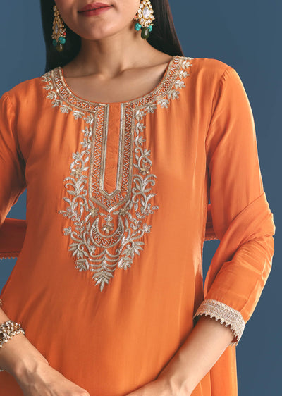 Rust Crepe Kurta Sharara Suit With Zardosi And Sequins Dupatta