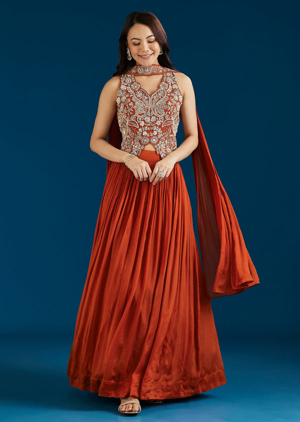 Rust Embellished Crop Top Skirt Set With Dupatta