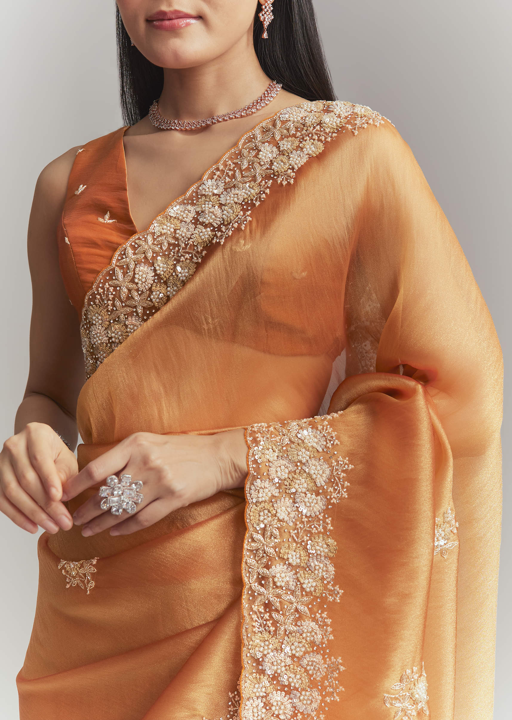 Rust Orange Georgette Embroidered Saree With Heavy Hand Embroidery