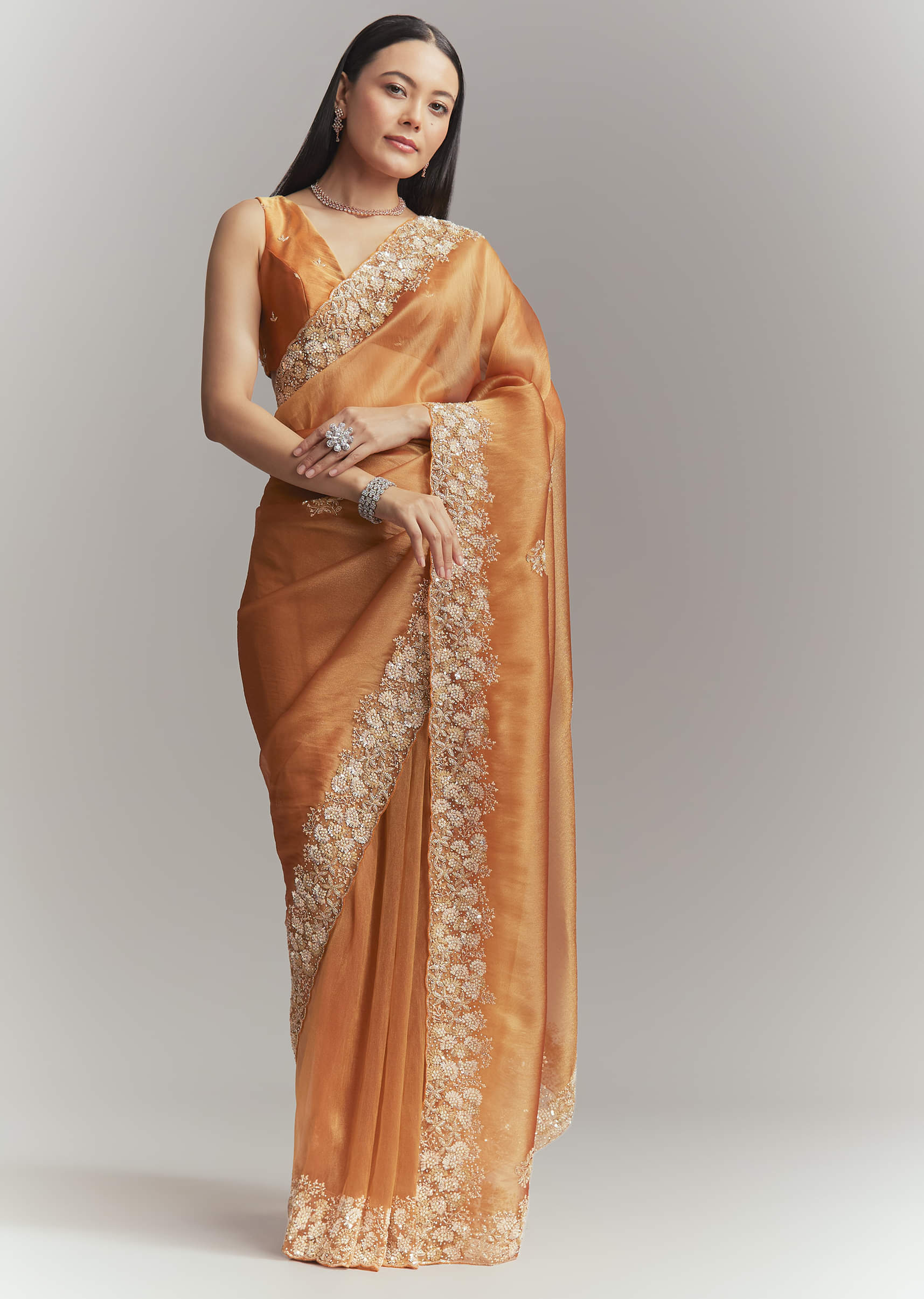 Rust Orange Georgette Embroidered Saree With Heavy Hand Embroidery