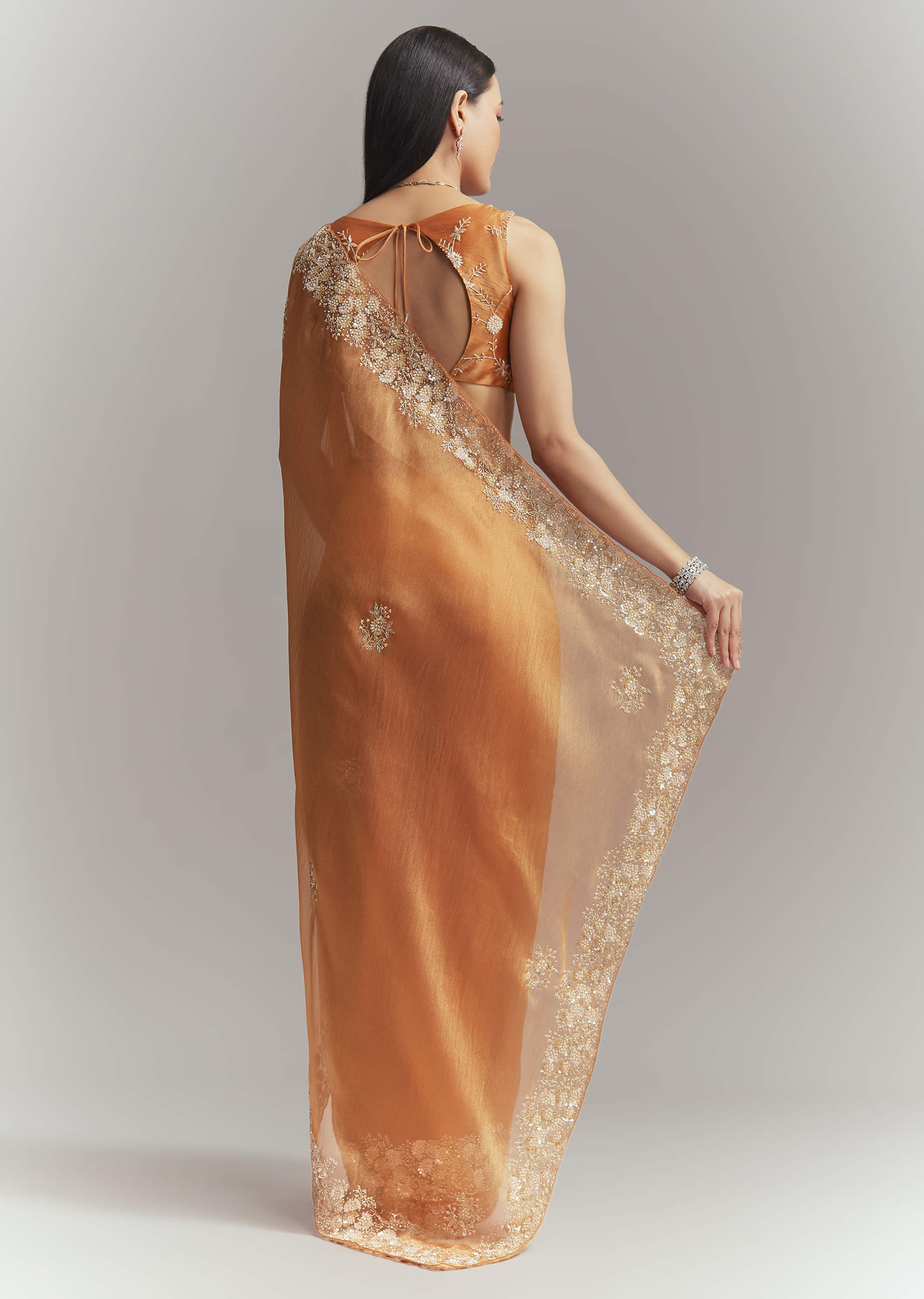 Rust Orange Georgette Embroidered Saree With Heavy Hand Embroidery