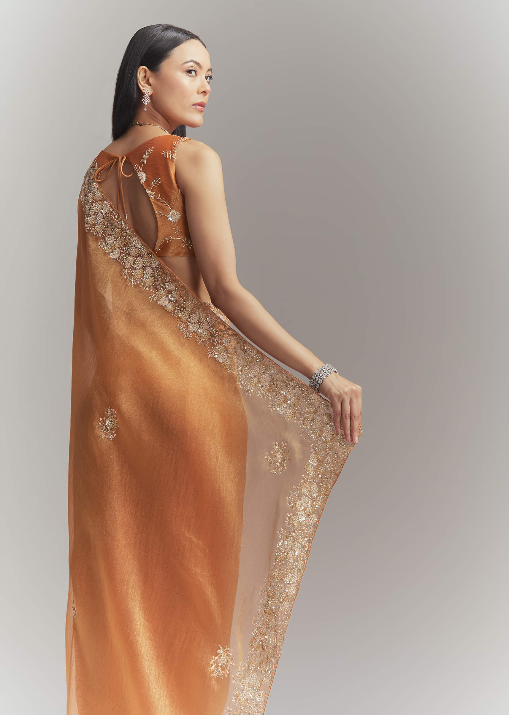 Rust Orange Georgette Embroidered Saree With Heavy Hand Embroidery