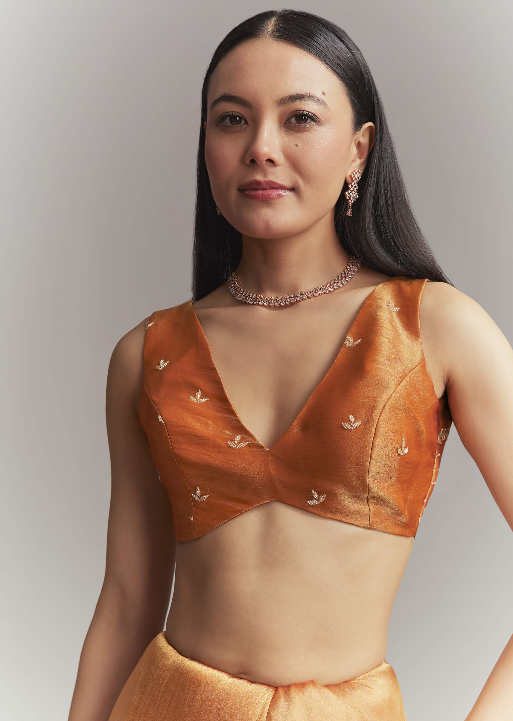 Rust Orange Georgette Embroidered Saree With Heavy Hand Embroidery