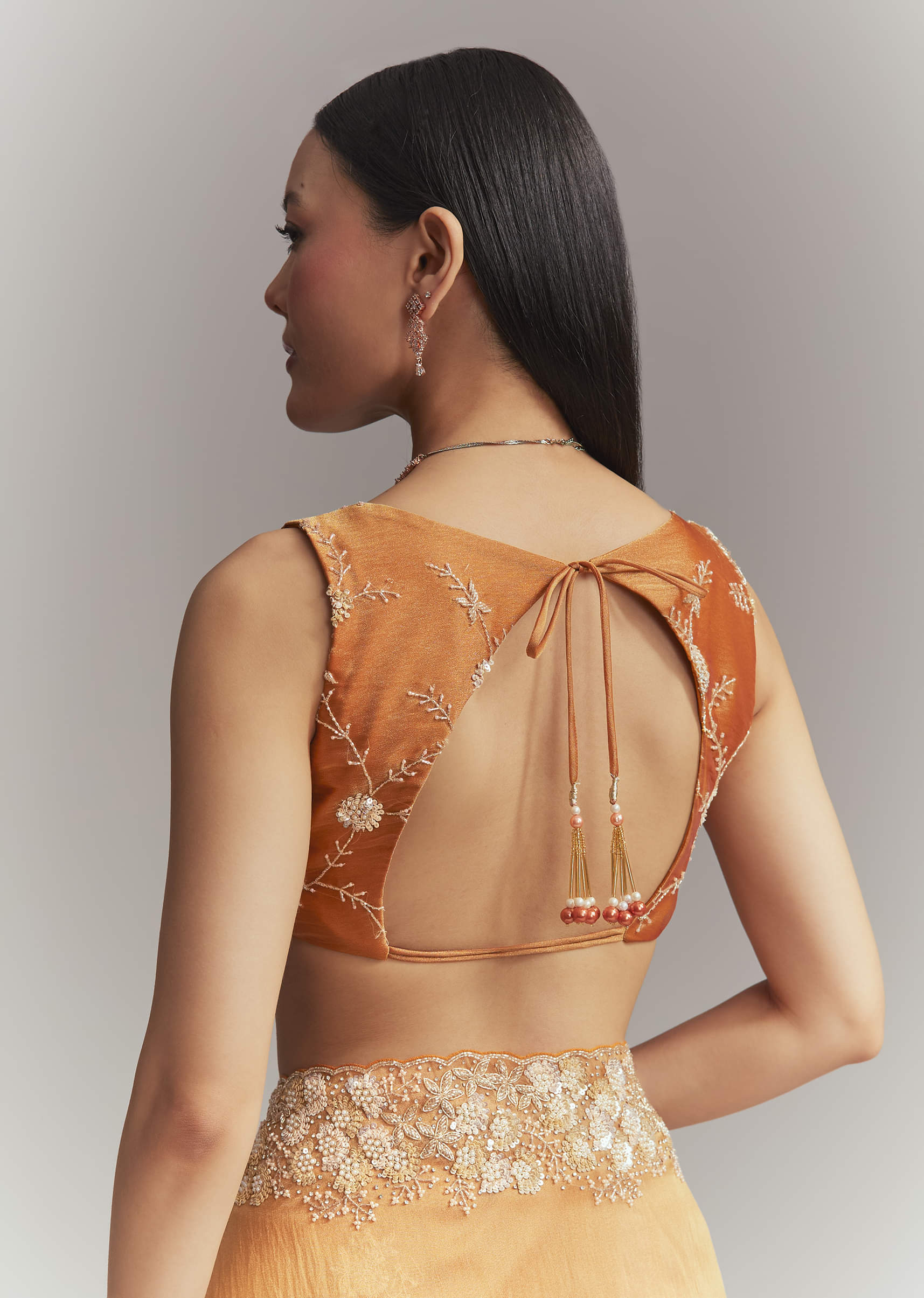 Rust Orange Georgette Embroidered Saree With Heavy Hand Embroidery