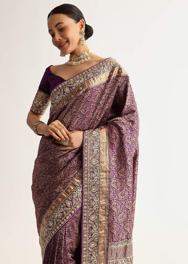 Rust Pink Tissue Saree With Zardosi Sequin Embroidery