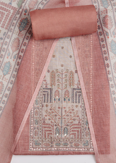 Rust Printed Tissue Unstitched Suit Set With Dupatta