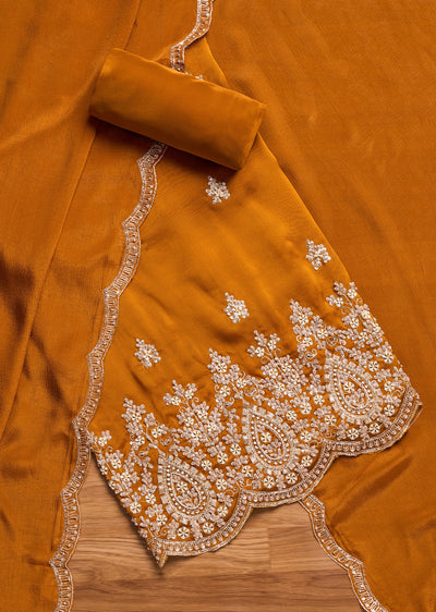 Rust Satin Unstitched Suit With Dupatta