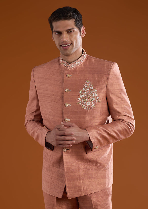 Rust Silk Jodhpuri Pant Set with Resham Work