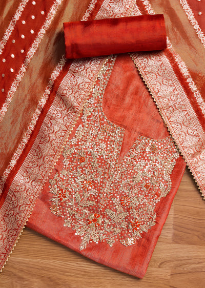 Rust Tissue Embroidered Unstitched Suit Set