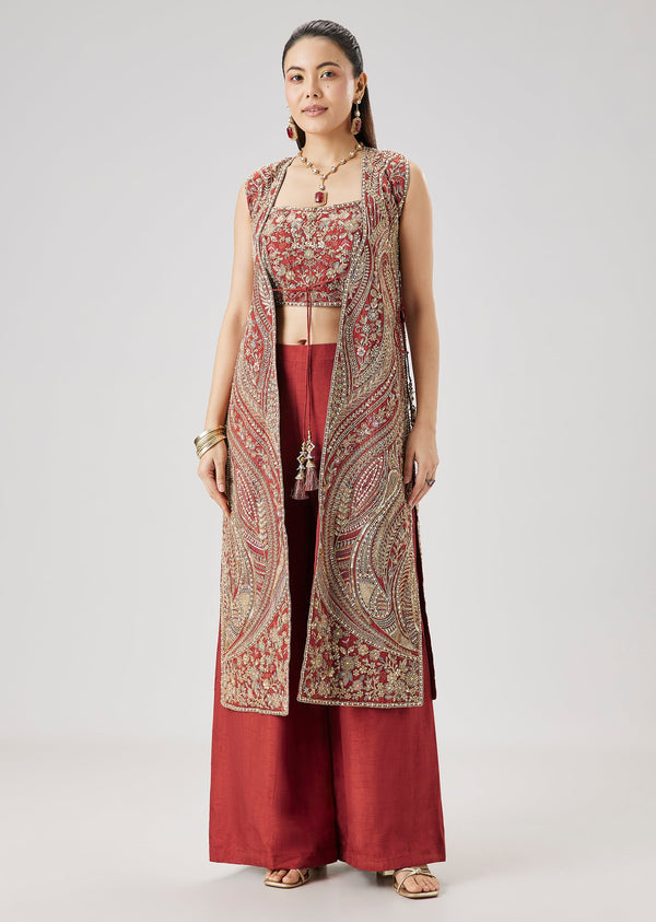Rust Zari And Resham Embroidered Crop Top Palazzo Set With Jacket