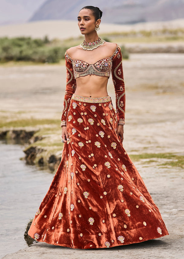 Rust Embroidered Velvet Lehenga And Blouse With Dupatta