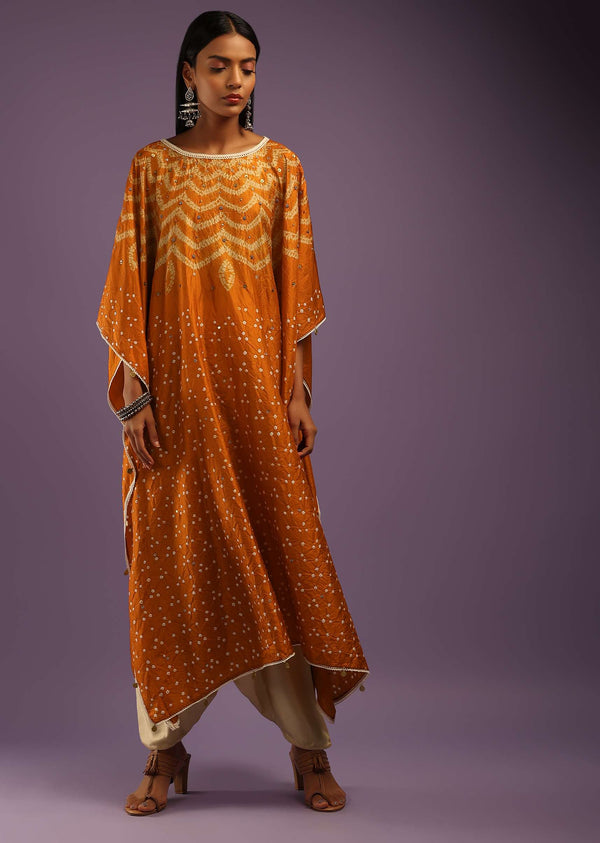 Rust Kaftan Suit In Crepe With Real Bandhani And Tie Dye Design