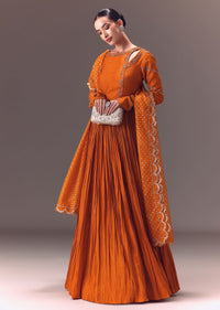 Rust Orange Ruched Embroidered Anarkali With Dupatta